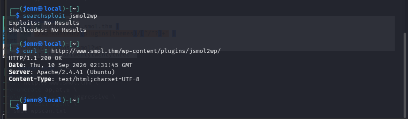 SearchSploit returning no JSmol2WP results while the plugin directory responds successfully